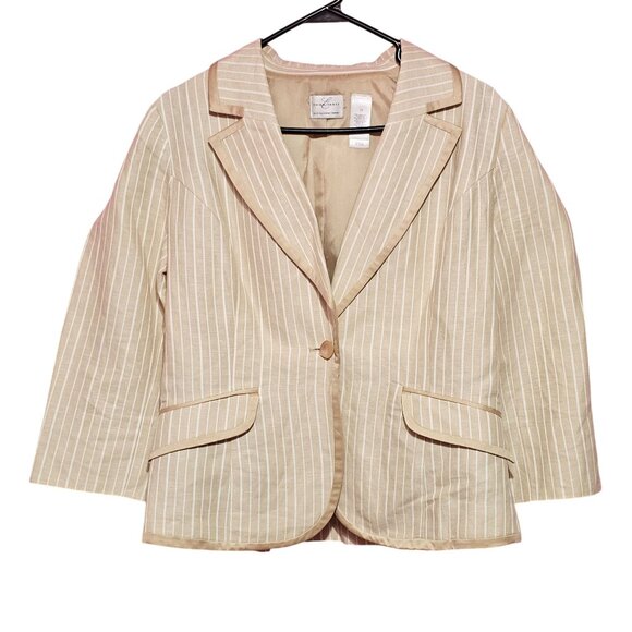 Emma James Beige Striped Blazer Women Size 10 Cotton/Linen Blend Button Closure - Picture 1 of 14